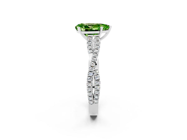 White gold Pear Cut Peridot Solitaire Engagement Ring with Twisted Pavé Band and Four-Prong Setting
