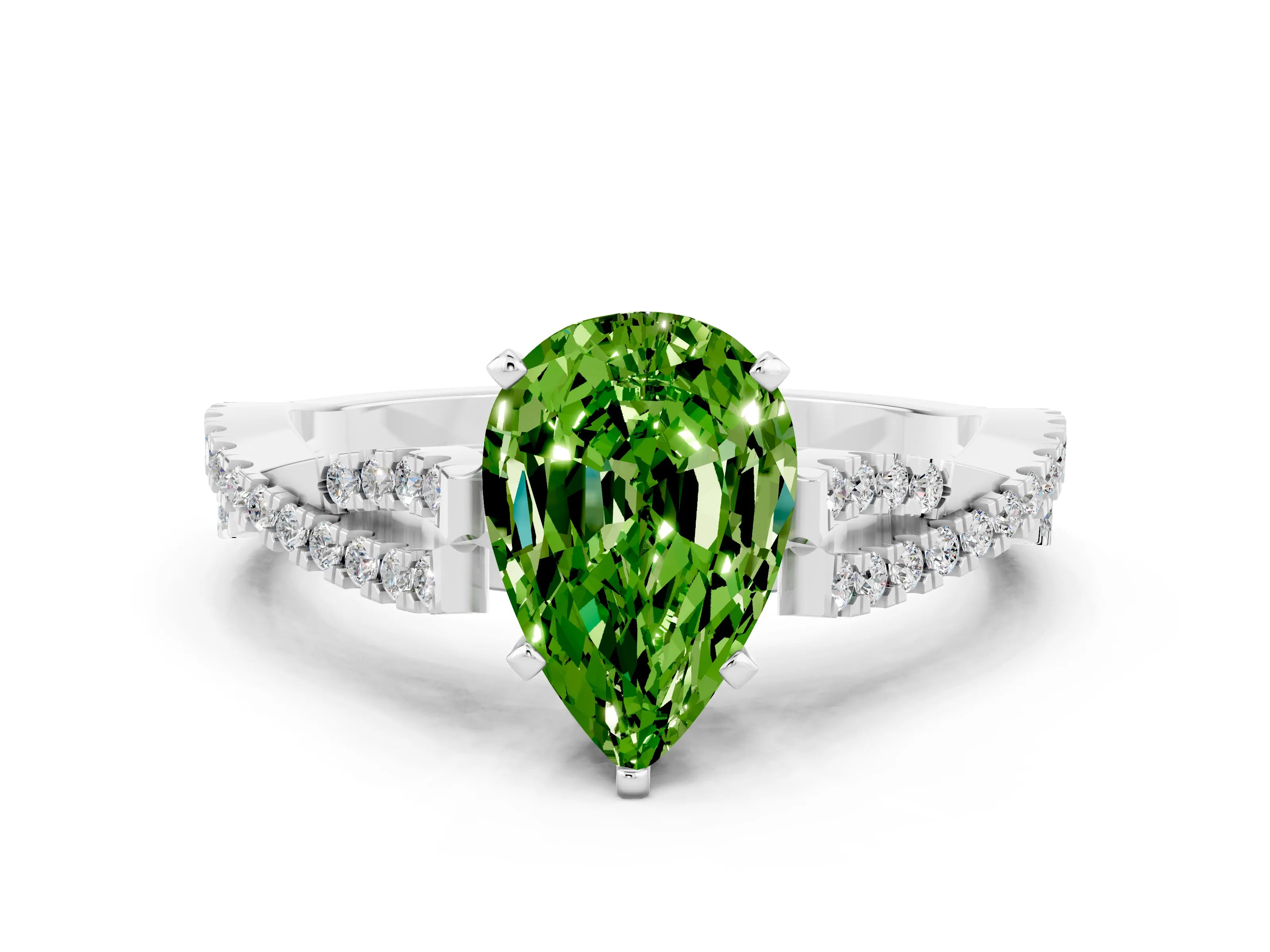 White gold Pear Cut Peridot Solitaire Engagement Ring with Twisted Pavé Band and Four-Prong Setting
