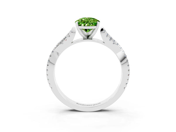 Platinum Pear Cut Peridot Solitaire Engagement Ring with Twisted Pavé Band and Four-Prong Setting