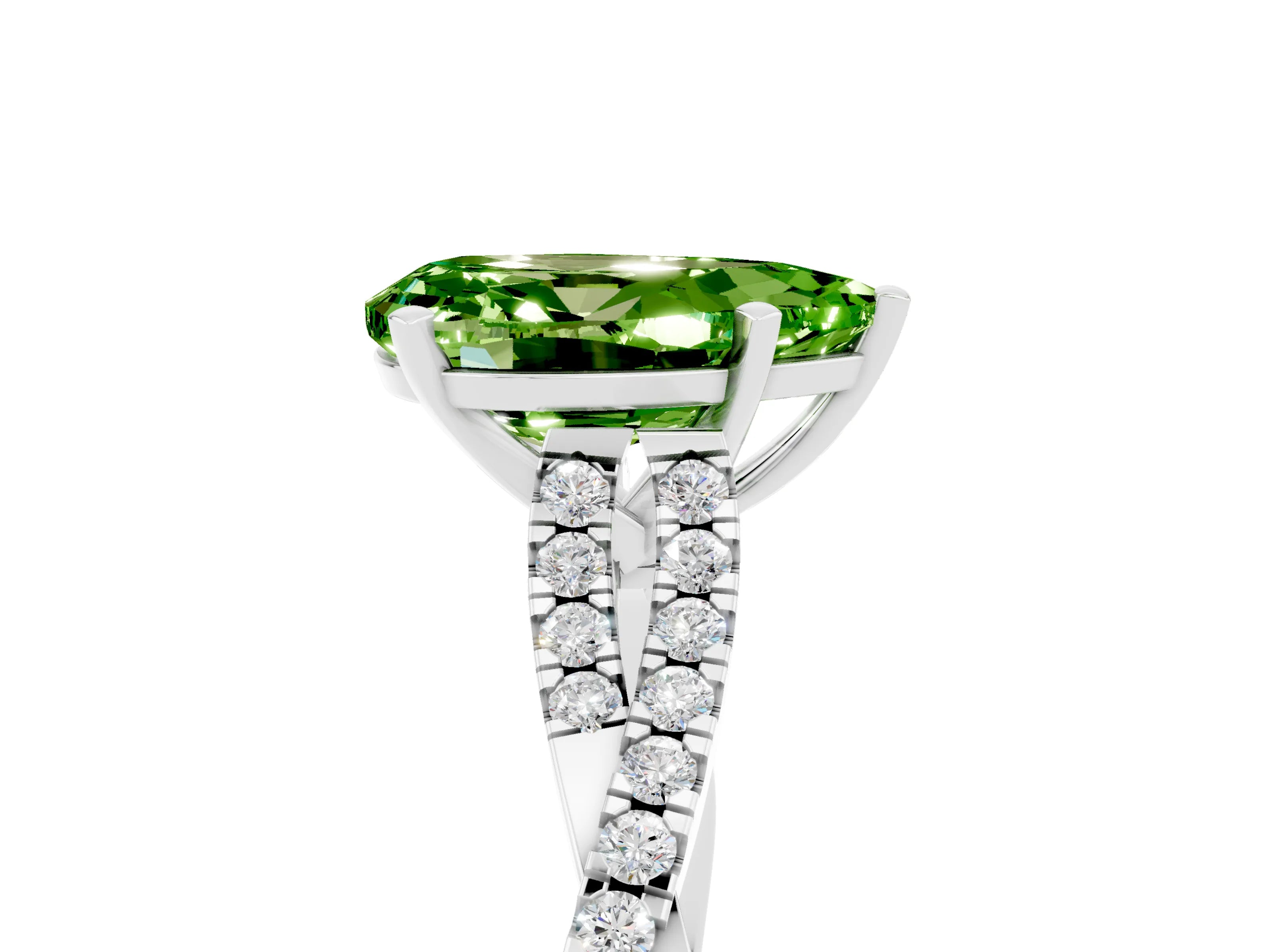 White gold Pear Cut Peridot Solitaire Engagement Ring with Twisted Pavé Band and Four-Prong Setting_5