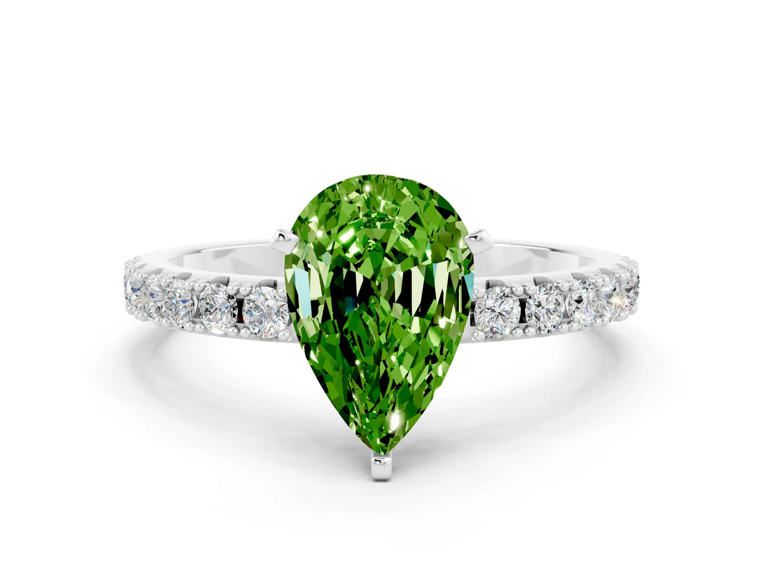 White gold Pear Cut Peridot Solitaire Pavé Band with Four-Prong Setting