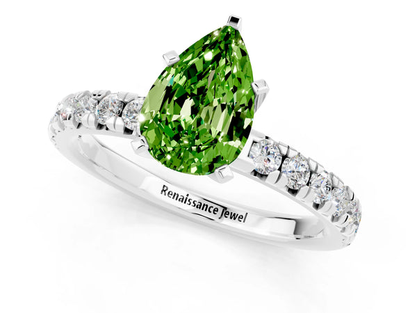 Platinum Pear Cut Peridot Solitaire Pavé Engagement Ring with Round Band and Prong Setting