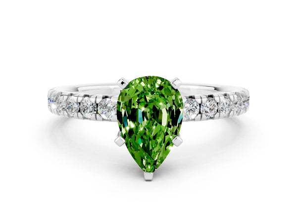 White gold Pear Cut Peridot Solitaire Pavé Engagement Ring with Round Band and Prong Setting