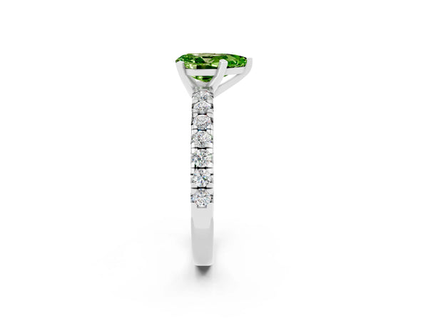 Platinum Pear Cut Peridot Solitaire Pavé Engagement Ring with Round Band and Prong Setting