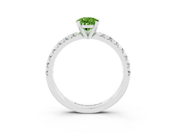 Platinum Pear Cut Peridot Solitaire Pavé Engagement Ring with Round Band and Prong Setting