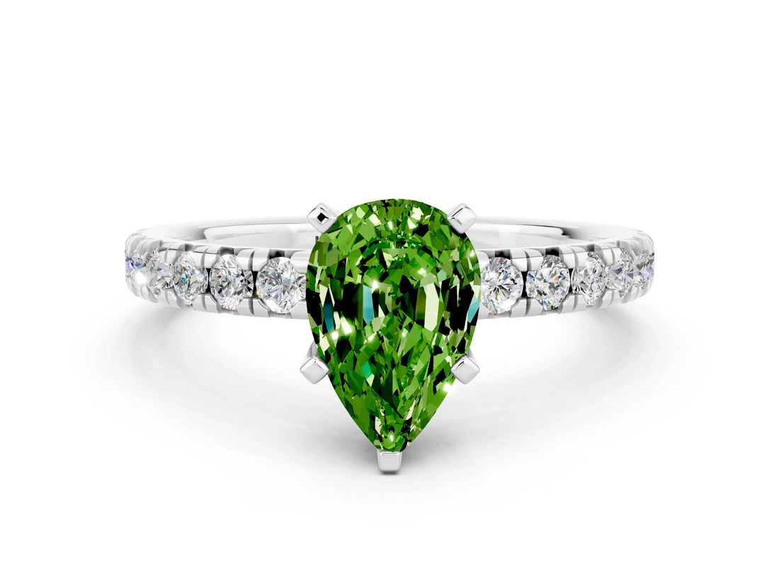 White gold Pear Cut Peridot Solitaire Pavé Engagement Ring with Round Band and Prong Setting_78