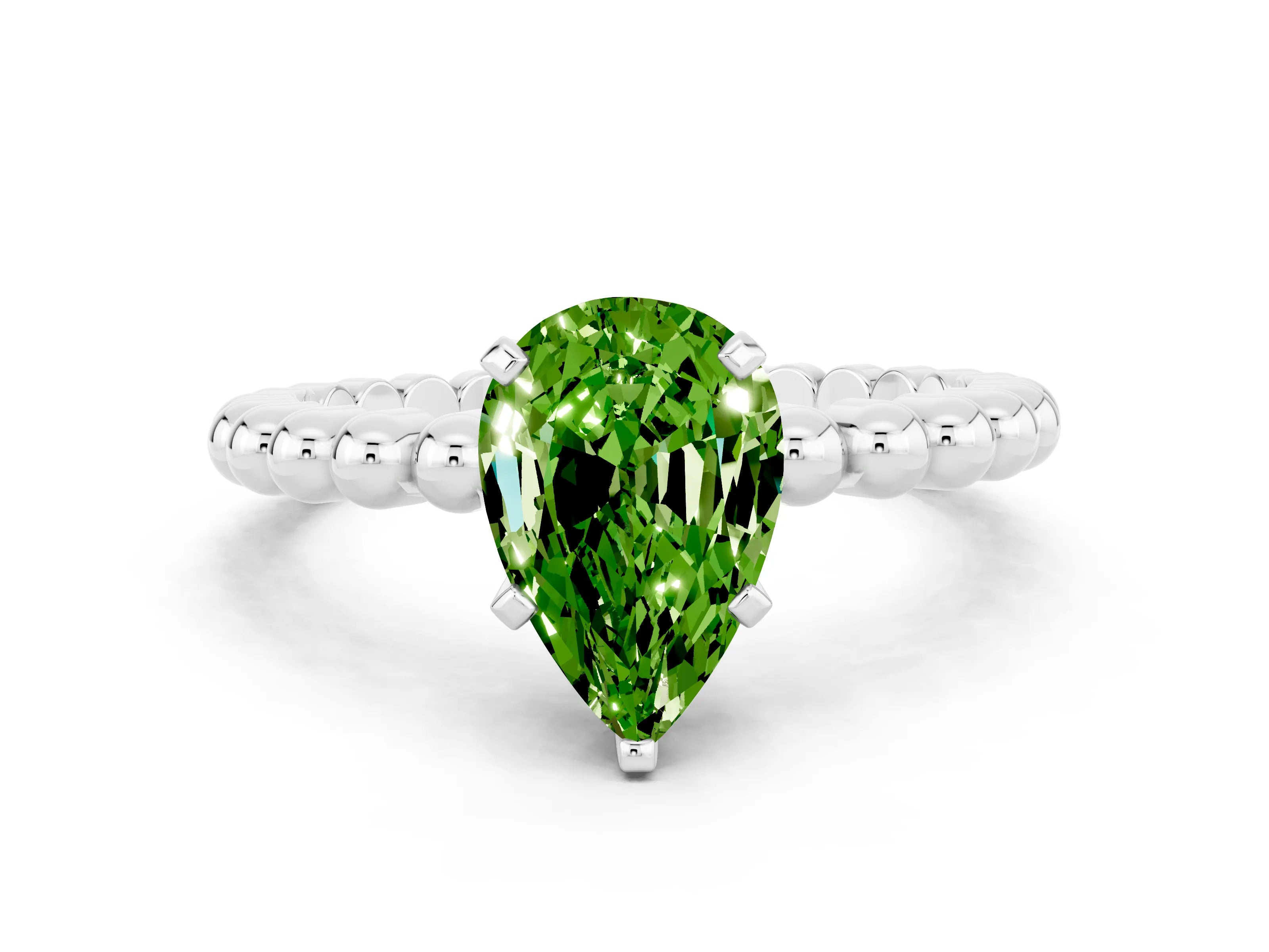 White gold Pear Cut Peridot Solitaire Ring with Beaded Band and Prong Setting_36