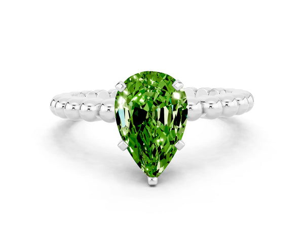 Silver Pear Cut Peridot Solitaire Ring with Beaded Band and Prong Setting