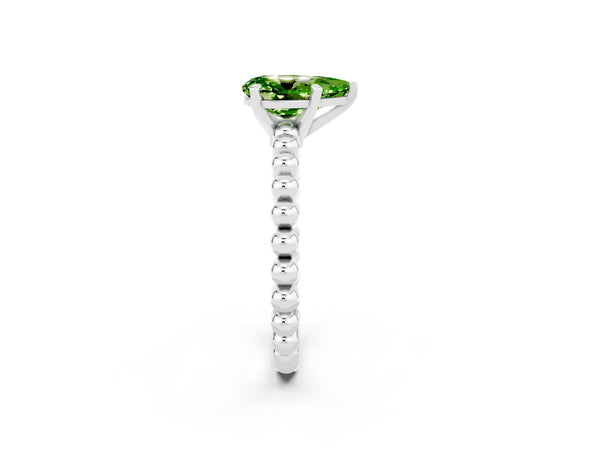 Platinum Pear Cut Peridot Solitaire Ring with Beaded Band and Prong Setting