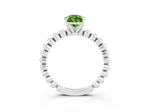 Silver Pear Cut Peridot Solitaire Ring with Beaded Band and Prong Setting