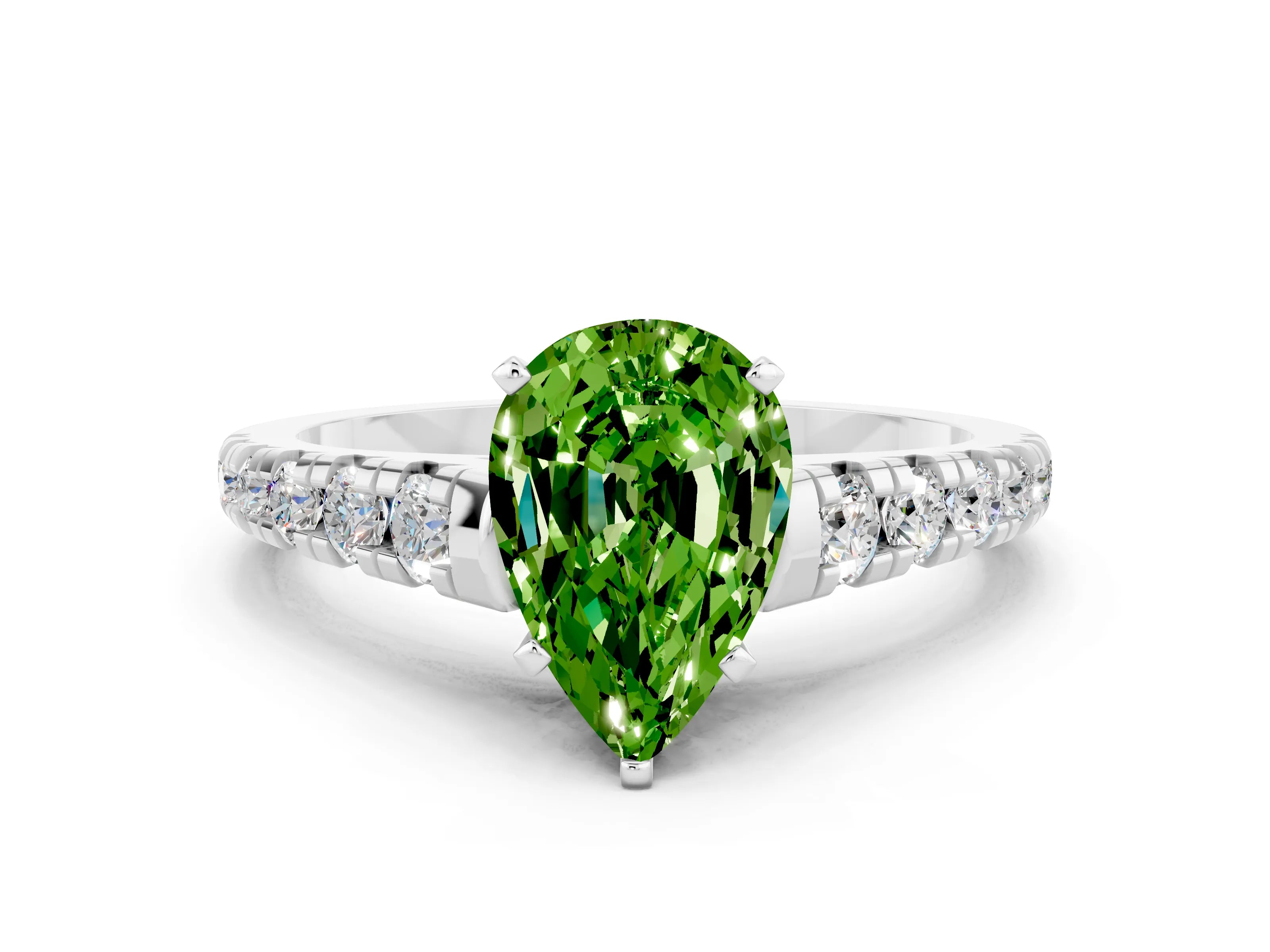 White gold Pear Cut Peridot Solitaire Ring with Cathedral Setting and Pavé Band