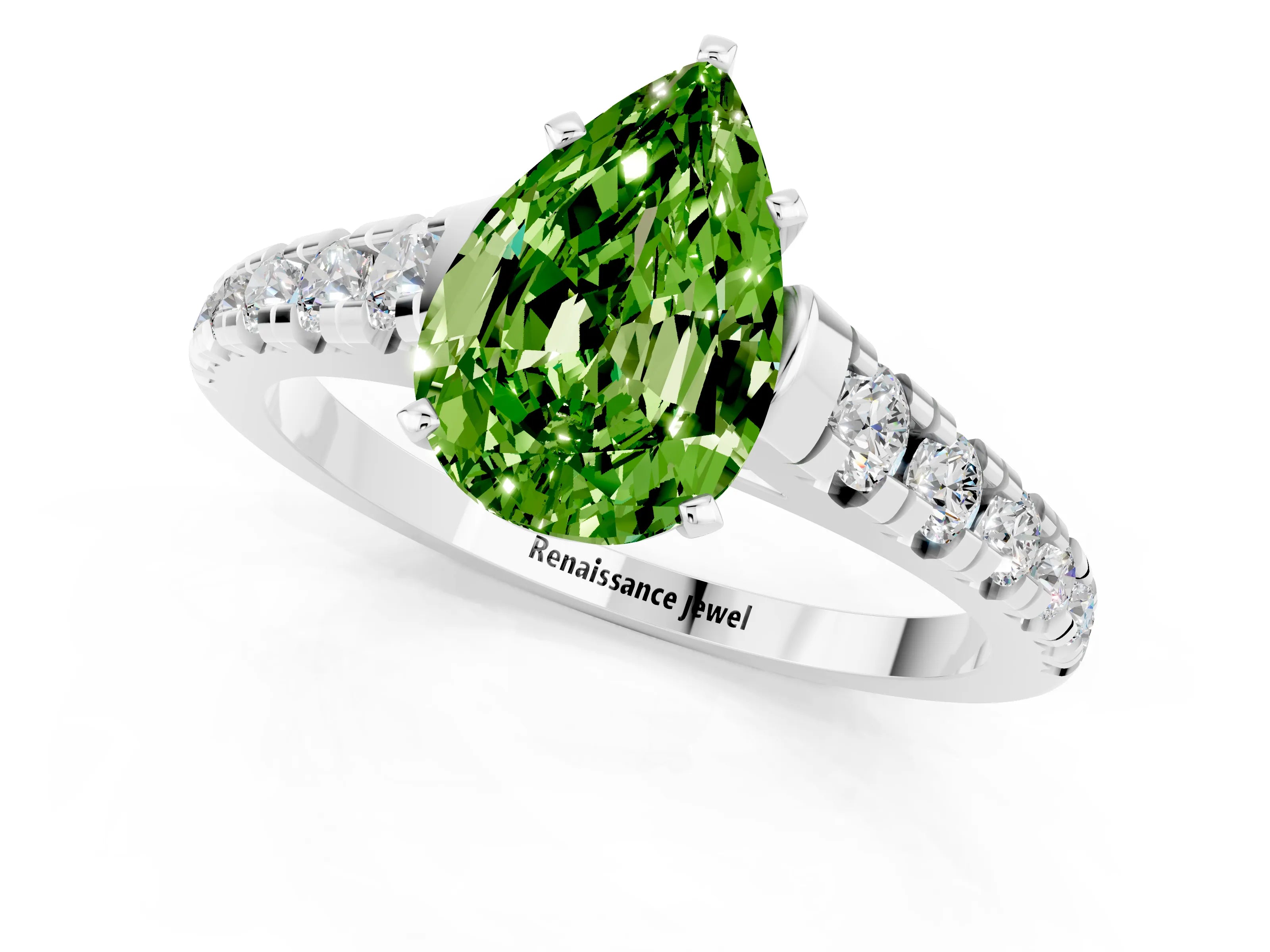White gold Pear Cut Peridot Solitaire Ring with Cathedral Setting and Pavé Band_1