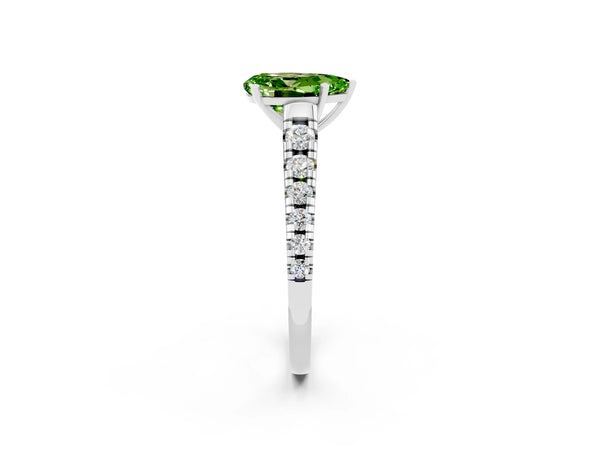 Silver Pear Cut Peridot Cathedral Solitaire Ring with Round  Pavé Band