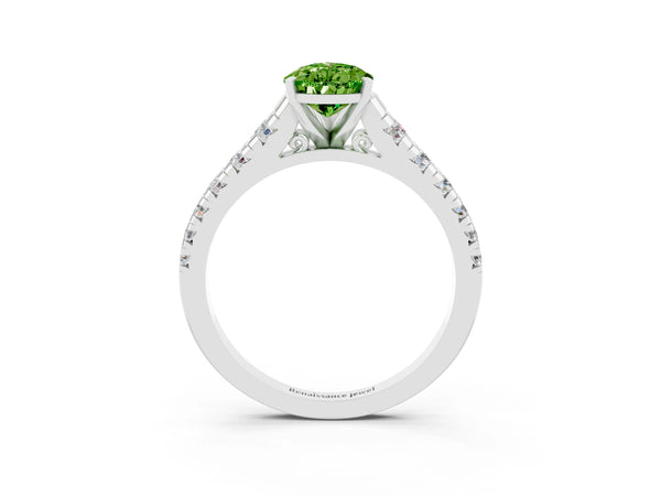Platinum Pear Cut Peridot Cathedral Solitaire Ring with Round  Pavé Band
