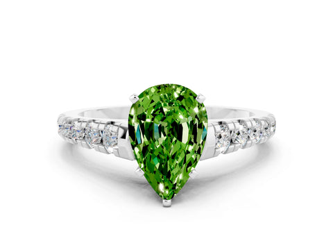 White gold Pear Cut Peridot Solitaire Ring with Cathedral Setting and Pavé Band