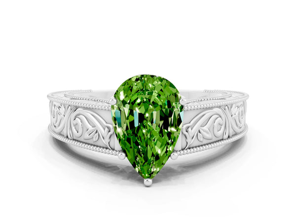 Platinum Pear Cut Peridot Solitaire Ring with Engraved Band and Four-Prong Setting