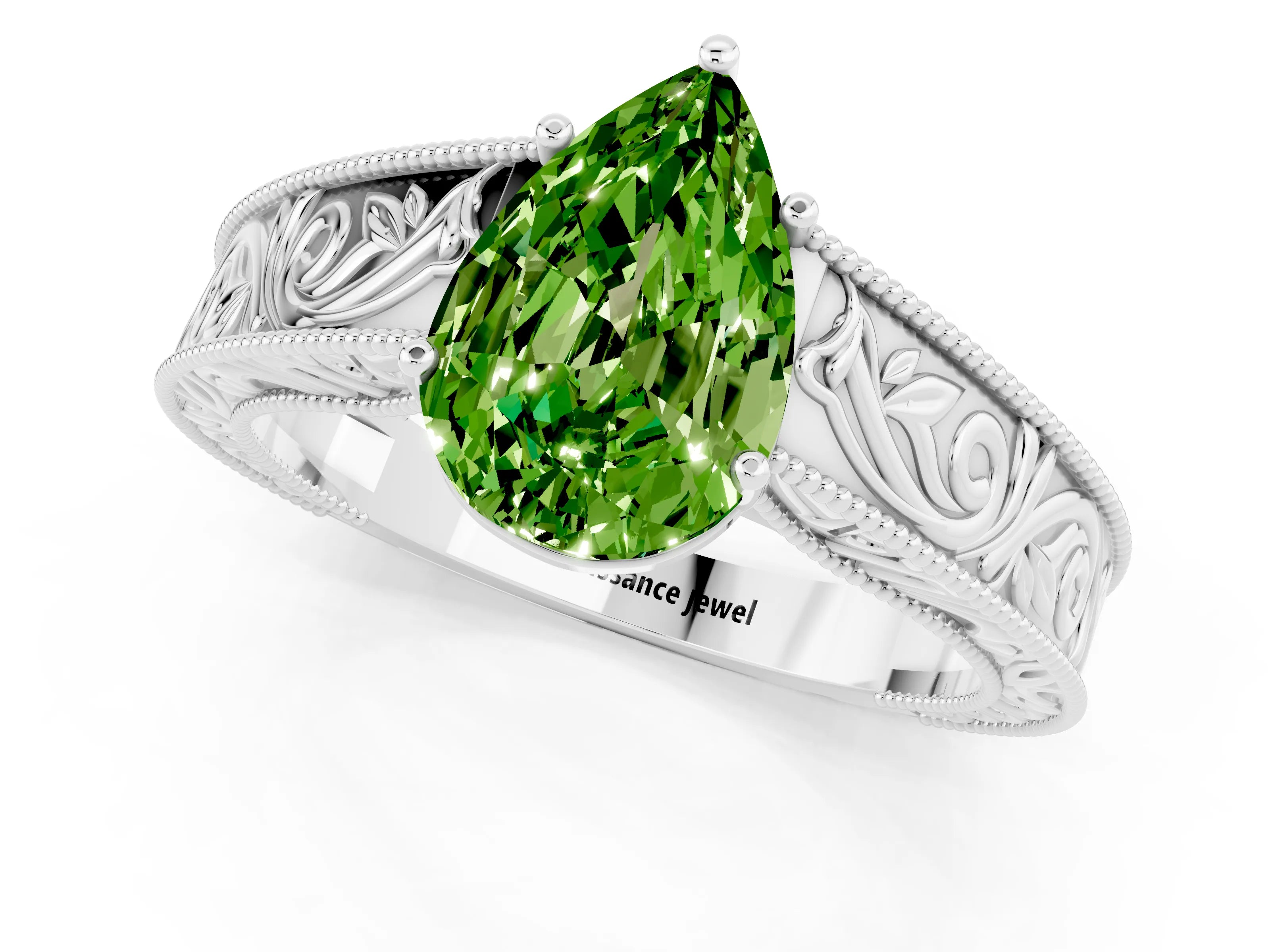 White gold Pear Cut Peridot Solitaire Ring with Engraved Band and Four-Prong Setting_1
