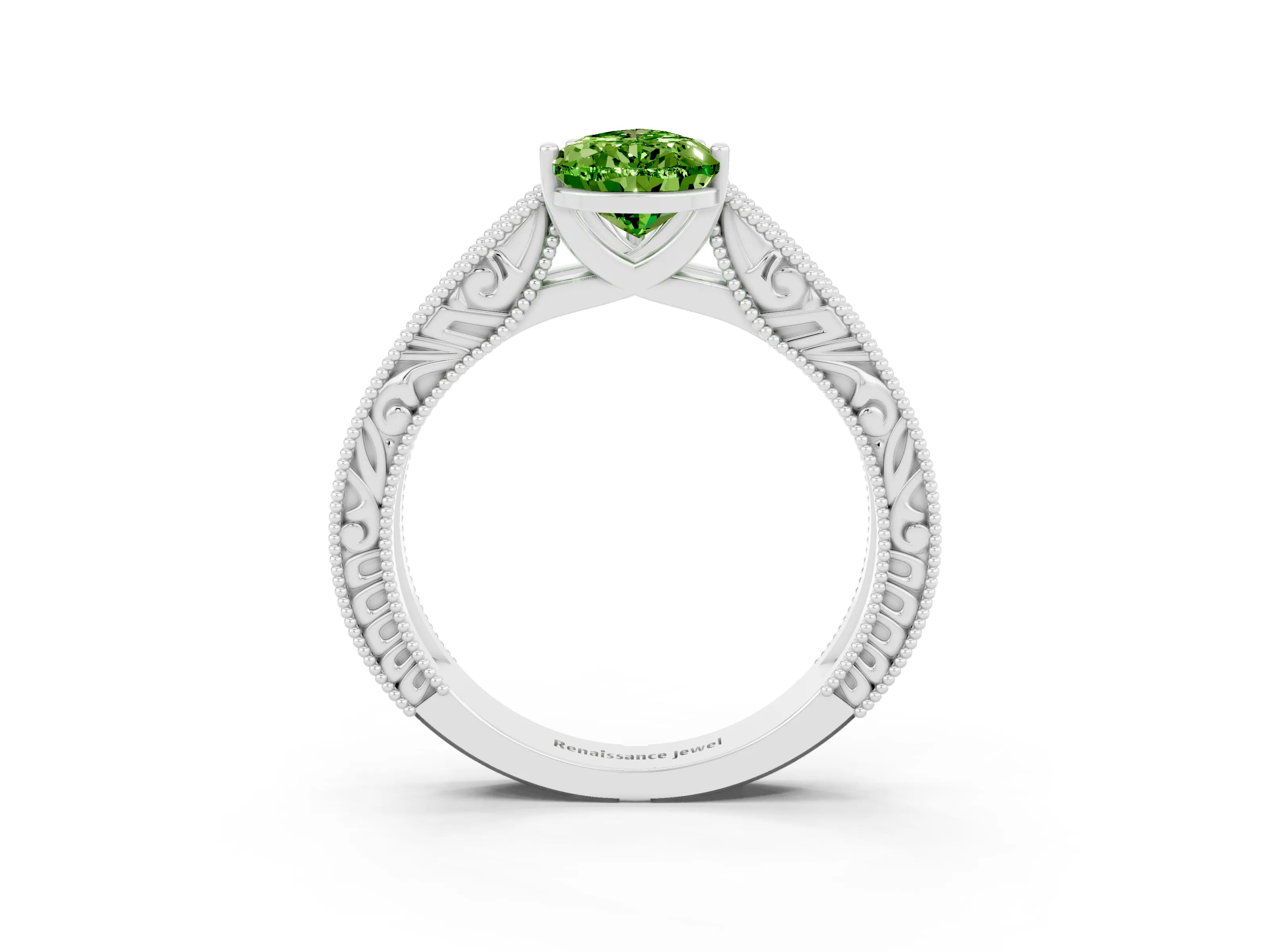 White gold Pear Cut Peridot Solitaire Ring with Engraved Band and Four-Prong Setting_3
