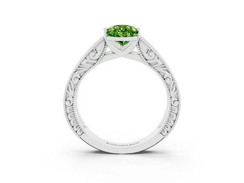 White gold Pear Cut Peridot Solitaire Ring with Engraved Band and Four-Prong Setting_3
