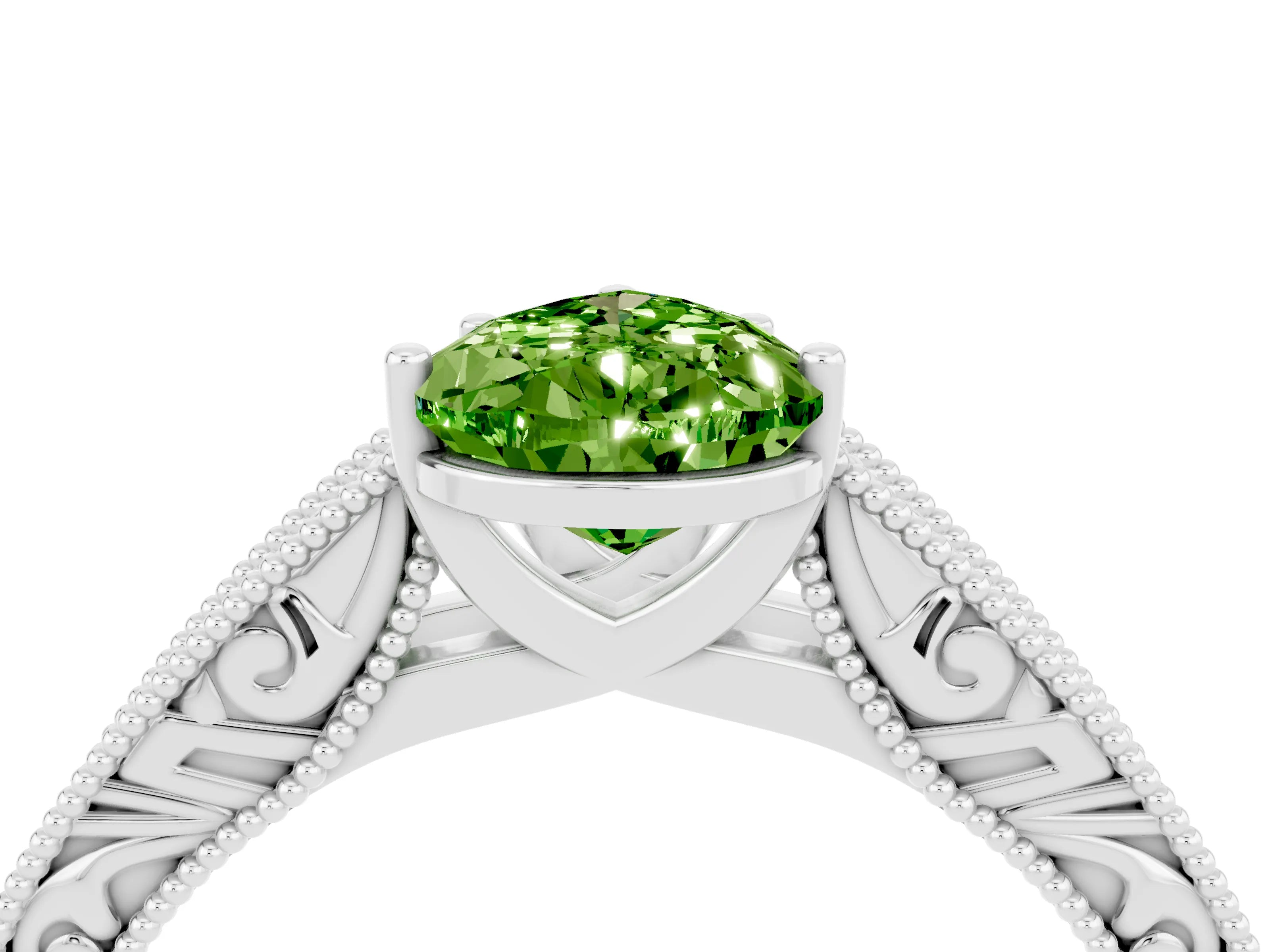 White gold Pear Cut Peridot Solitaire Ring with Engraved Band and Four-Prong Setting_4