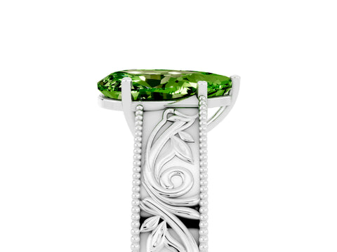 White gold Pear Cut Peridot Solitaire Ring with Engraved Band and Four-Prong Setting_5