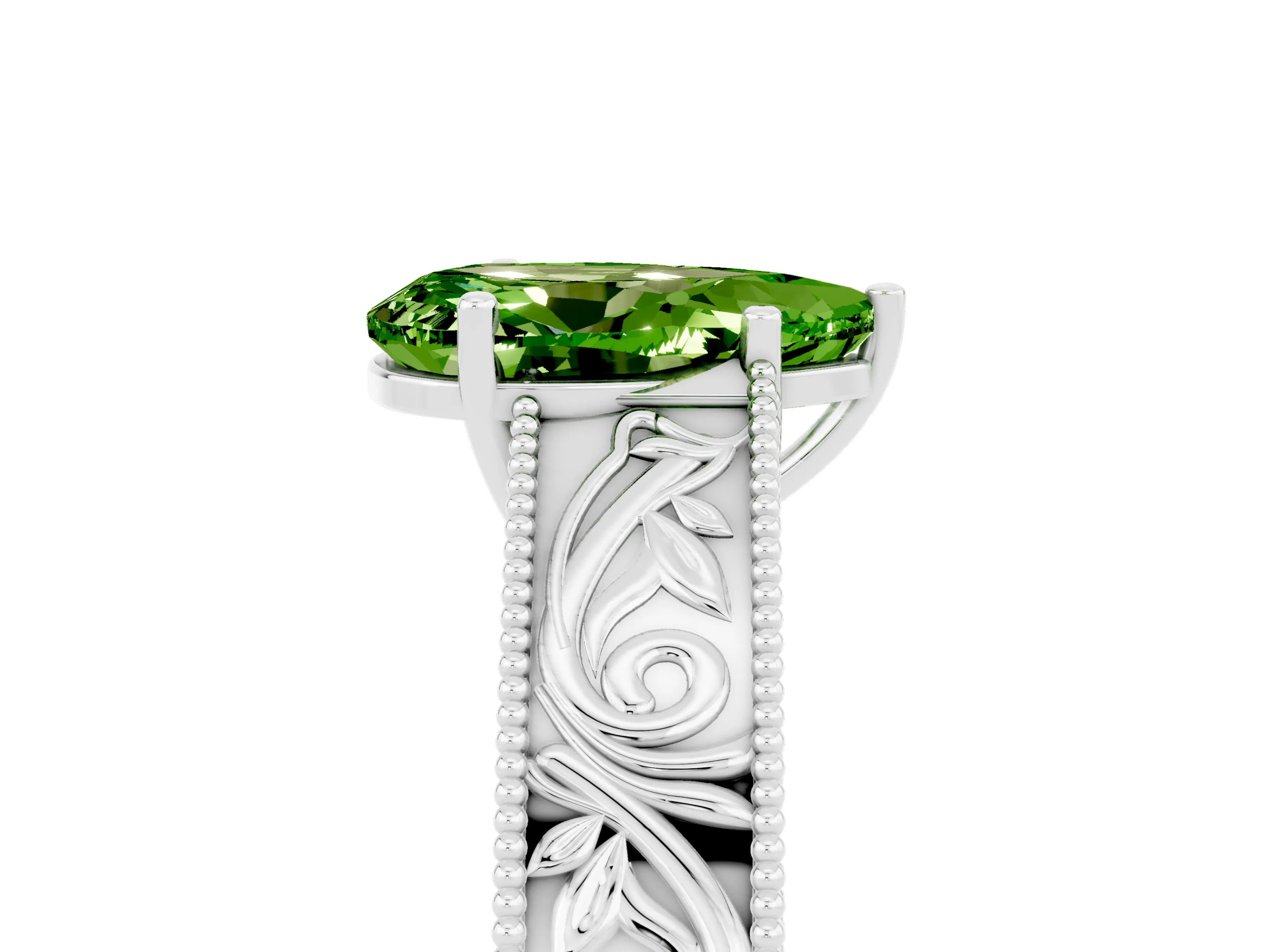 White gold Pear Cut Peridot Solitaire Ring with Engraved Band and Four-Prong Setting_5