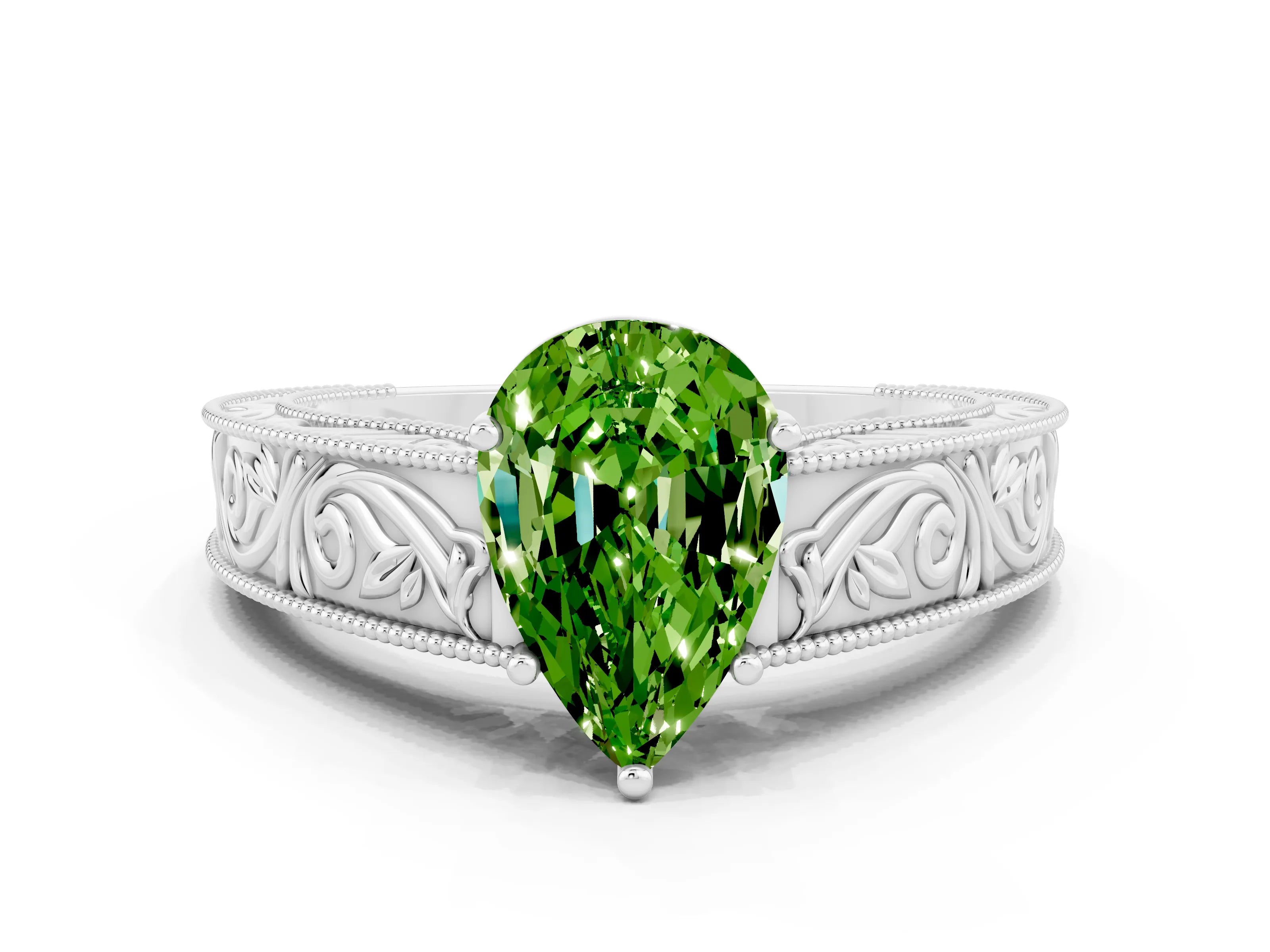 White gold Pear Cut Peridot Solitaire Ring with Engraved Band and Four-Prong Setting