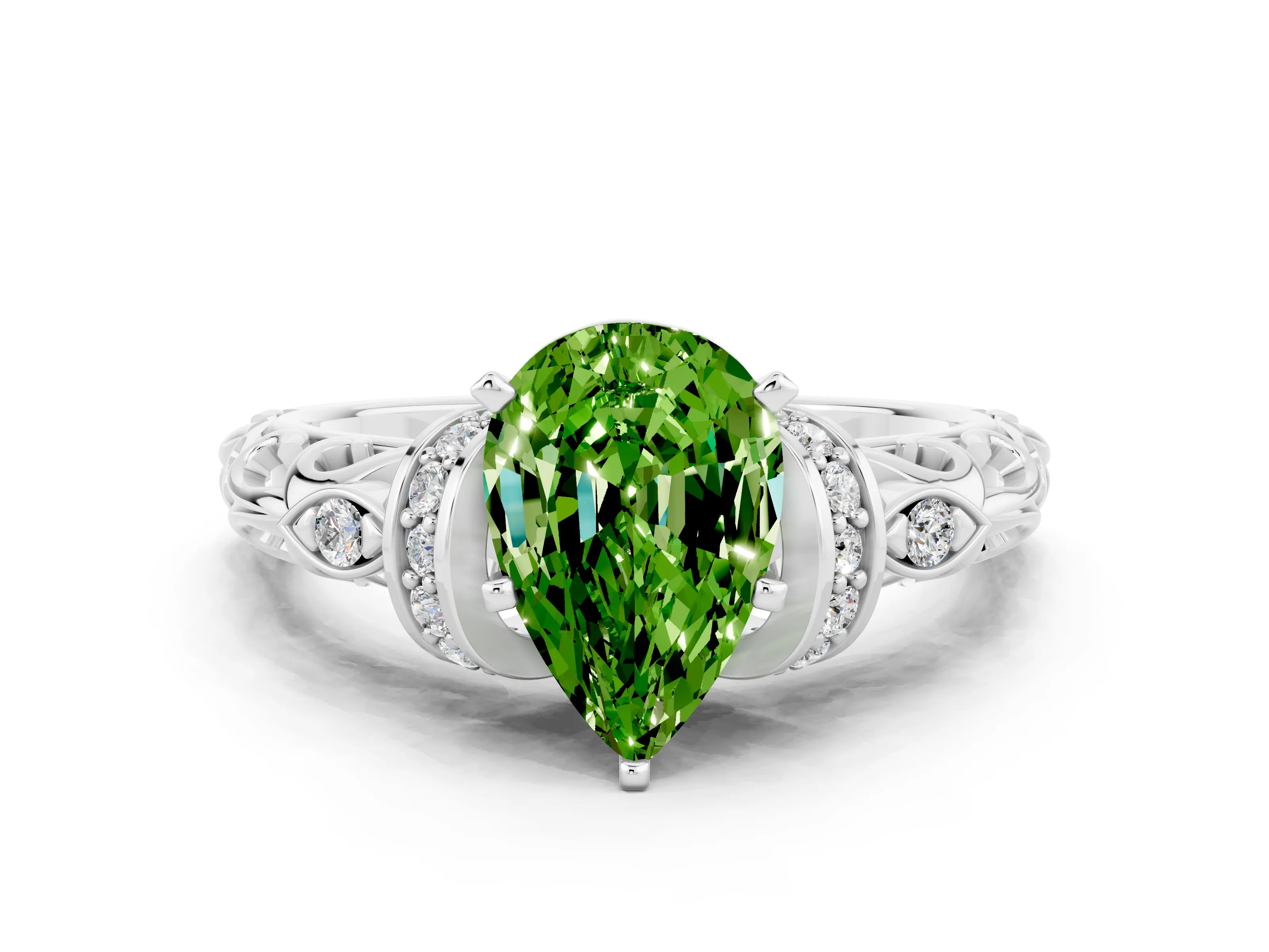 White gold Pear Cut Peridot Solitaire Ring with Filigree Band and Four-Prong Setting_24