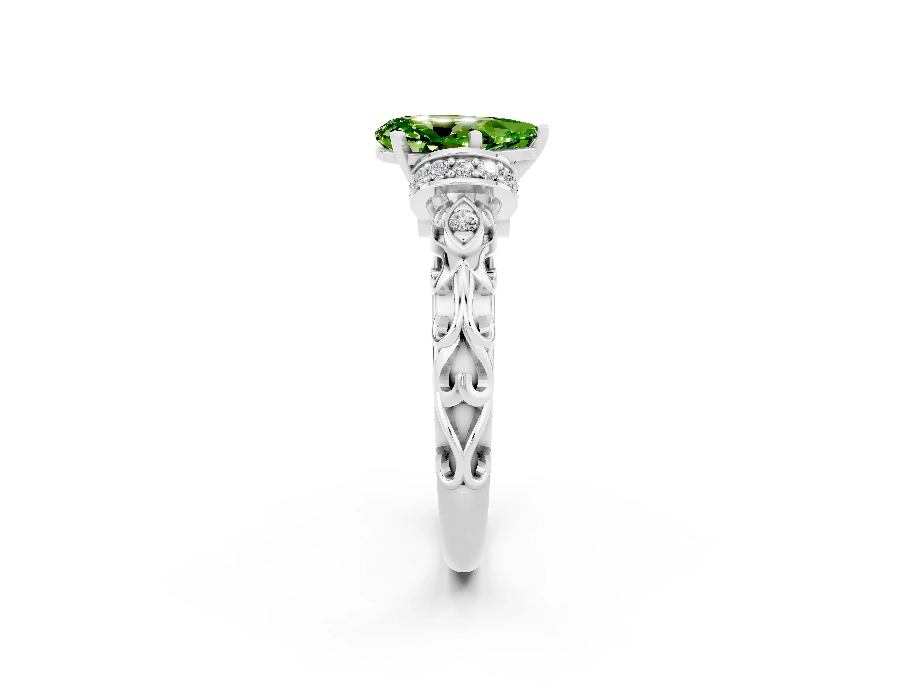 White gold Pear Cut Peridot Solitaire Ring with Filigree Band and Four-Prong Setting_26
