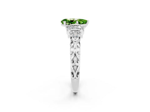 White gold Pear Cut Peridot Solitaire Ring with Filigree Band and Four-Prong Setting_26