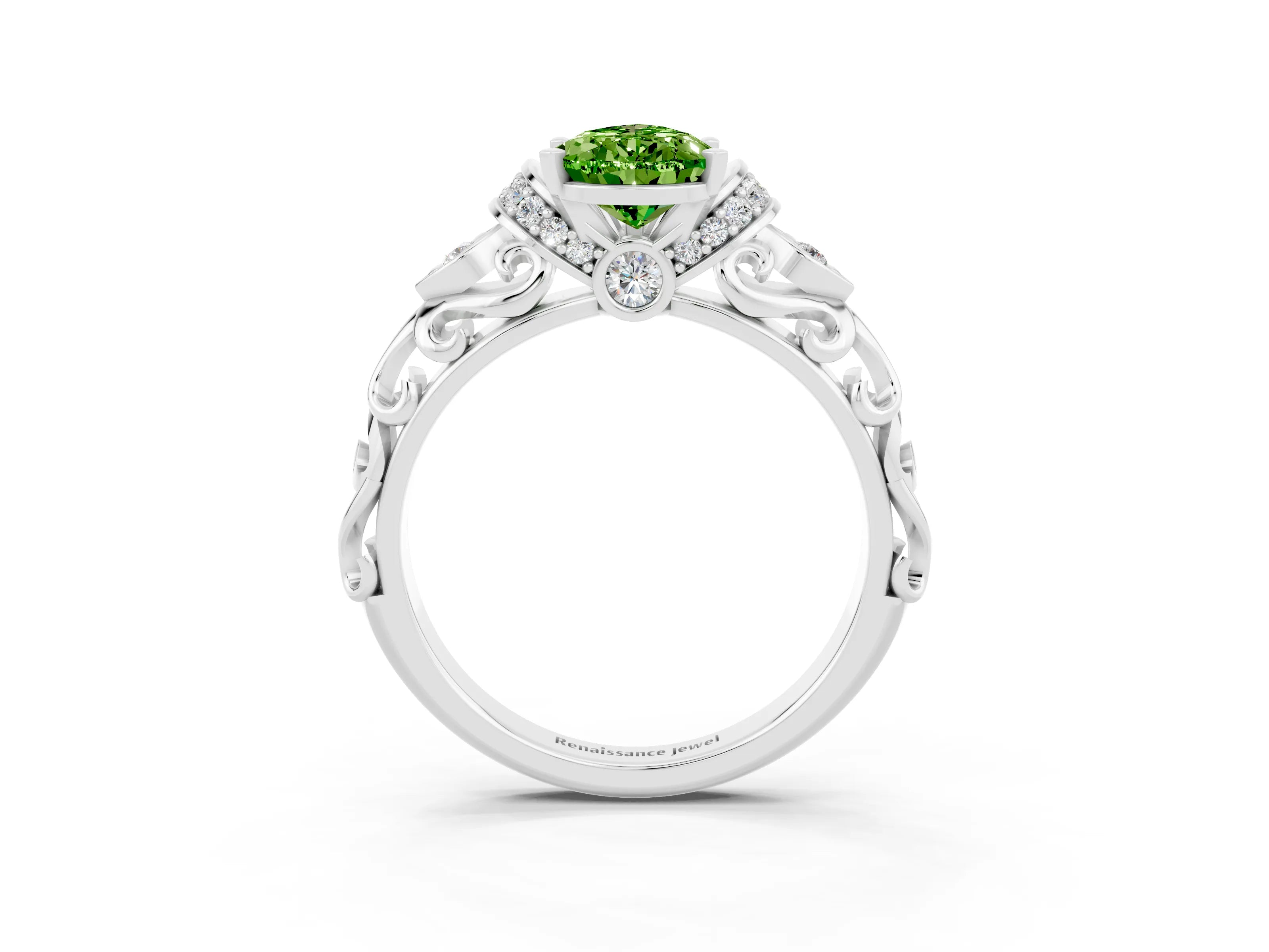 White gold Pear Cut Peridot Solitaire Ring with Filigree Band and Four-Prong Setting_27