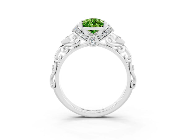 White gold Pear Cut Peridot Solitaire Ring with Filigree Band and Four-Prong Setting