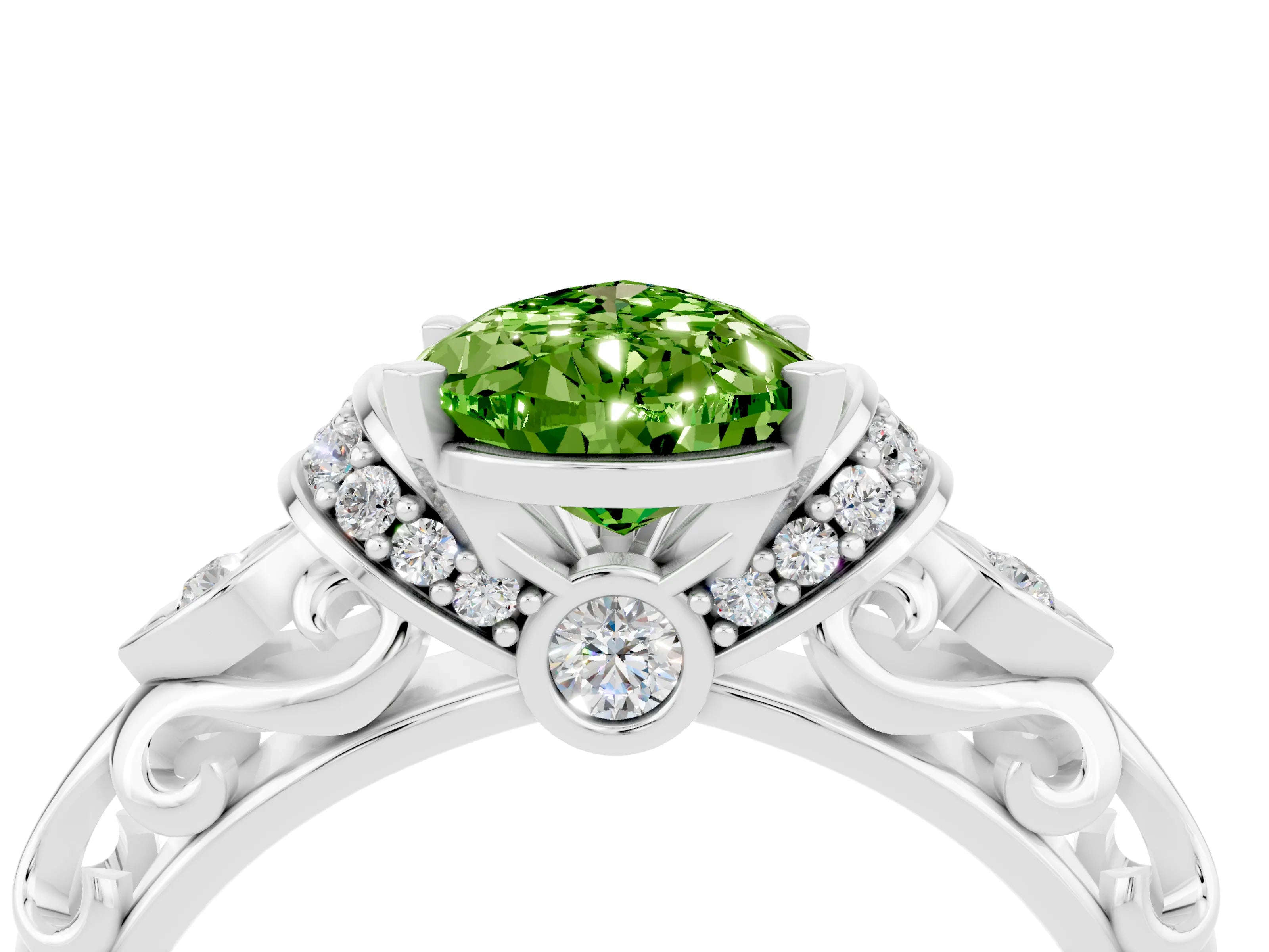 White gold Pear Cut Peridot Solitaire Ring with Filigree Band and Four-Prong Setting_28