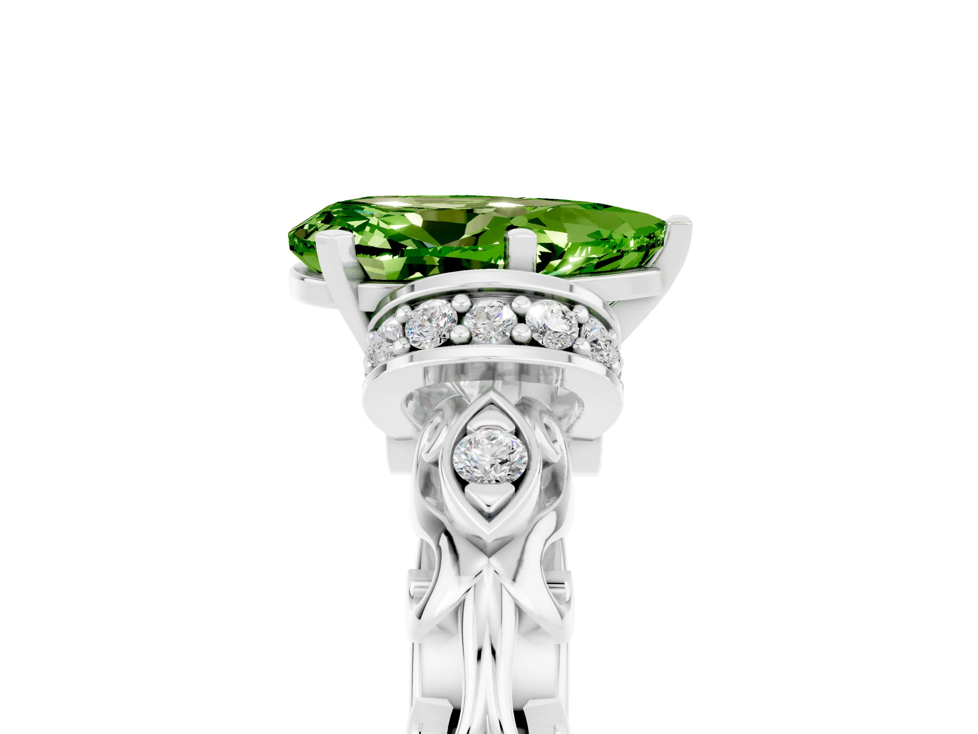 White gold Pear Cut Peridot Solitaire Ring with Filigree Band and Four-Prong Setting_29