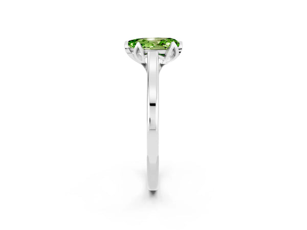 Silver Pear Cut Peridot Solitaire Ring with Flower Prong Setting and Classic Band