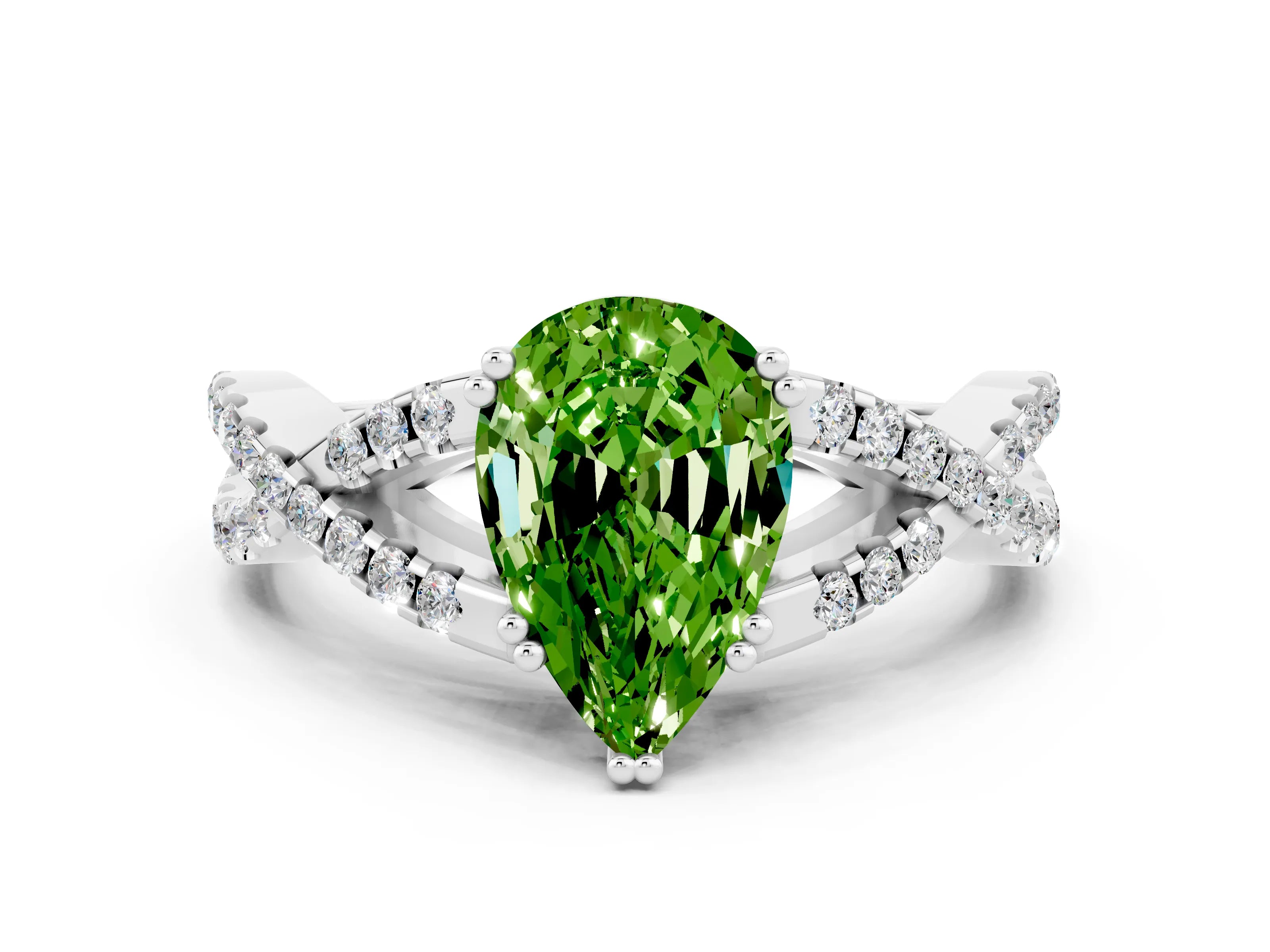 White gold Pear Cut Peridot Solitaire Ring with Four-Prong Setting and Twisted Pavé Band