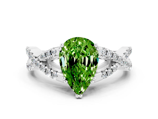Platinum Pear Cut Peridot Solitaire Ring with Four-Prong Setting and Twisted Pavé Band