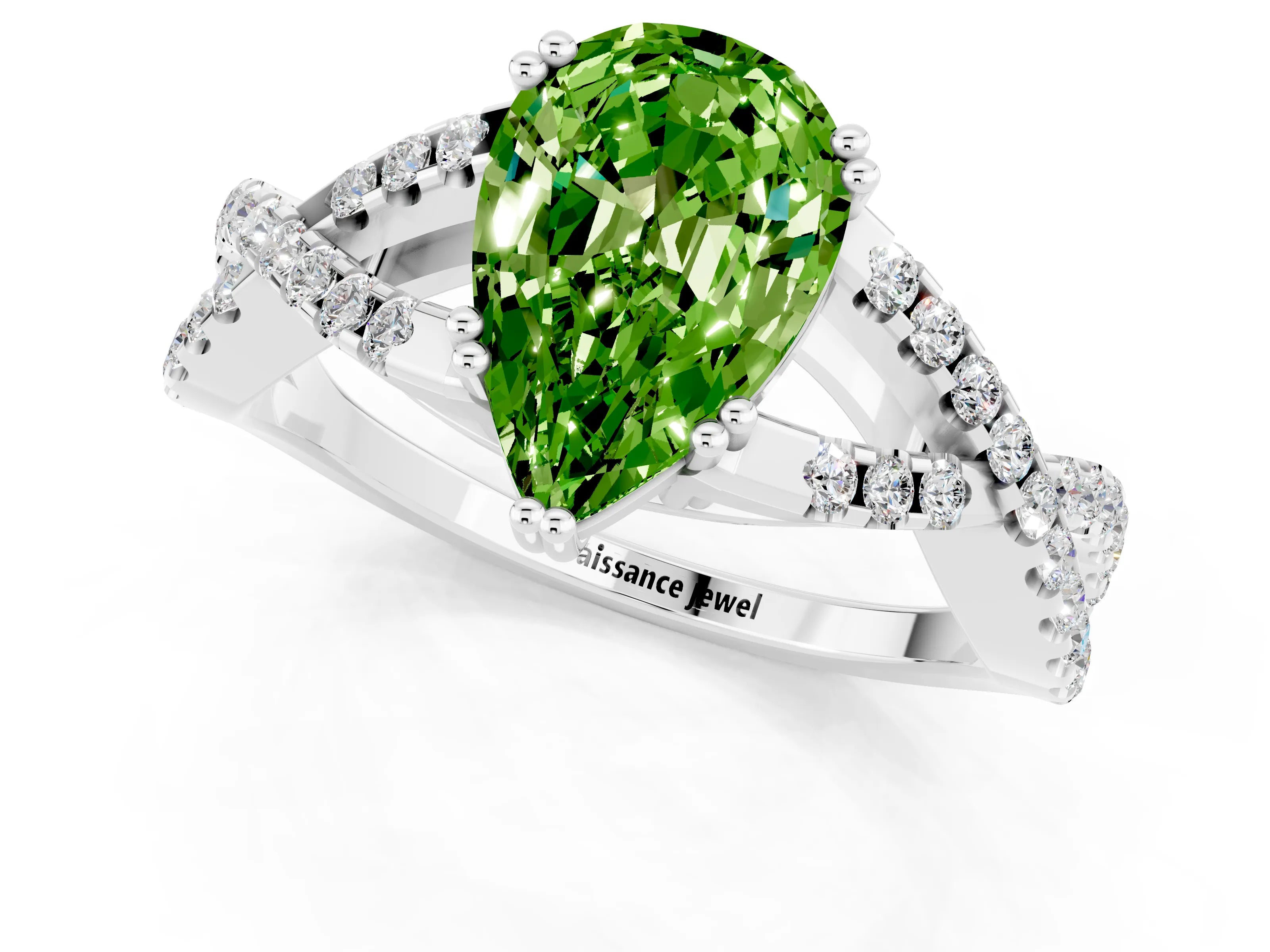 White gold Pear Cut Peridot Solitaire Ring with Four-Prong Setting and Twisted Pavé Band_1