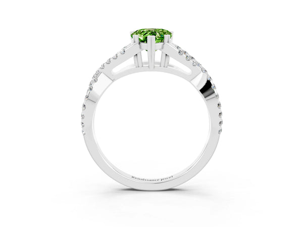 Platinum Pear Cut Peridot Solitaire Ring with Four-Prong Setting and Twisted Pavé Band