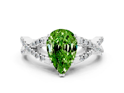 White gold Pear Cut Peridot Solitaire Ring with Four-Prong Setting and Twisted Pavé Band