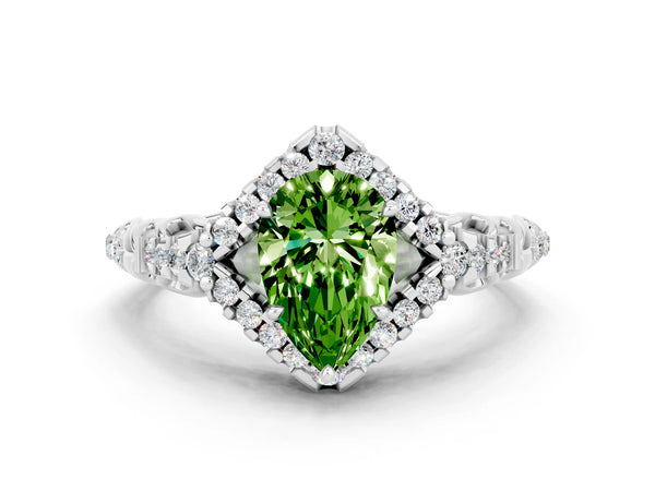 White gold Pear Cut Peridot Solitaire Ring with Hidden Halo and Pavé Band
