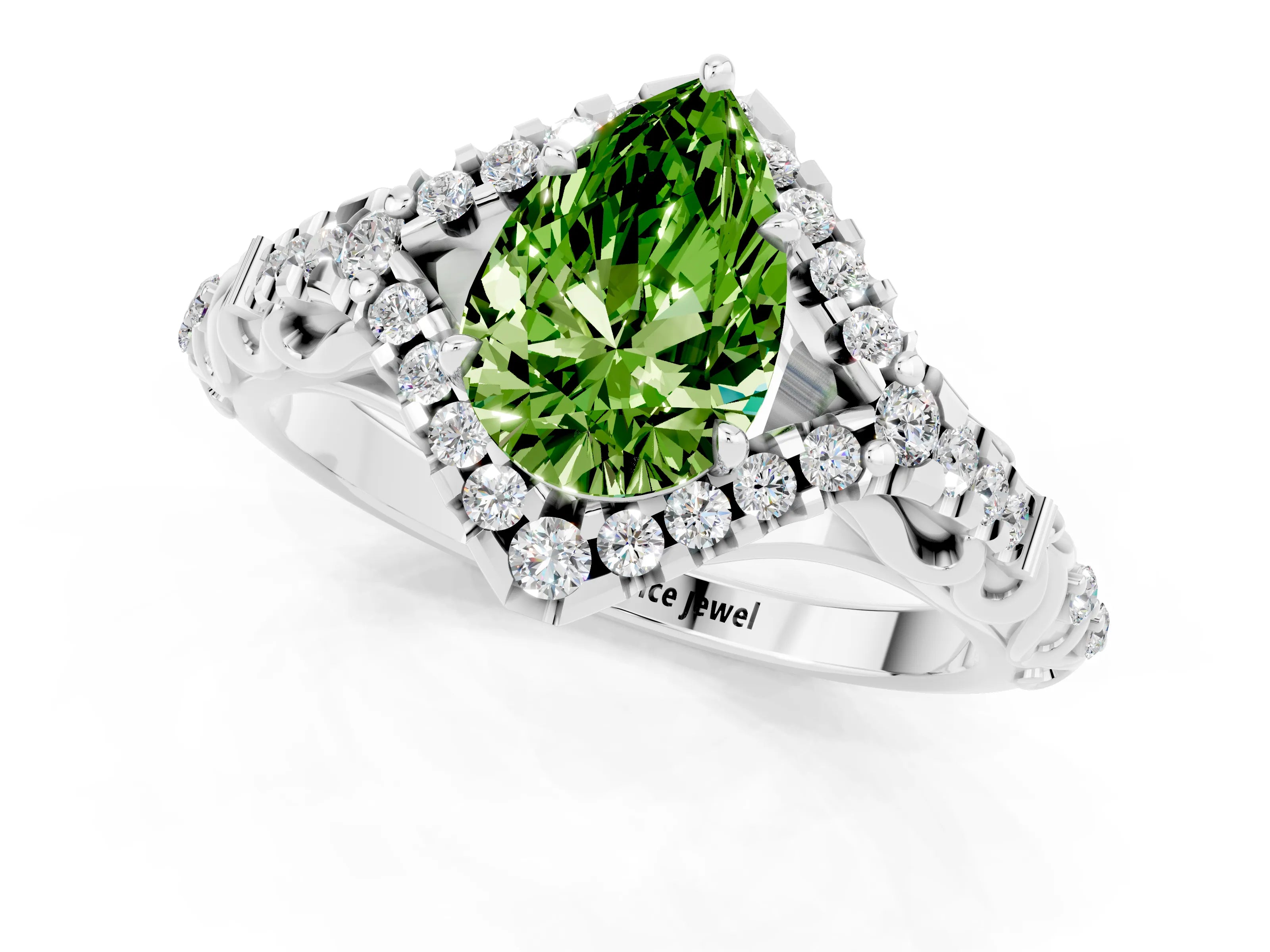 White gold Pear Cut Peridot Solitaire Ring with Hidden Halo and Pavé Band_19