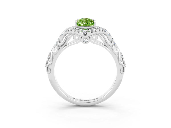 White gold Pear Cut Peridot Solitaire Ring with Hidden Halo and Pavé Band