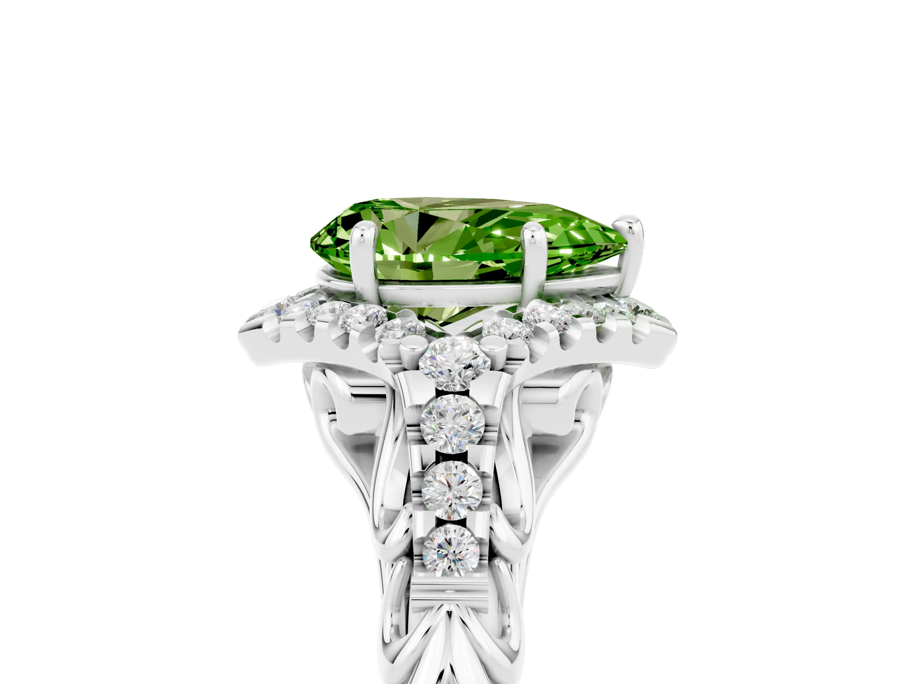 White gold Pear Cut Peridot Solitaire Ring with Hidden Halo and Pavé Band_23