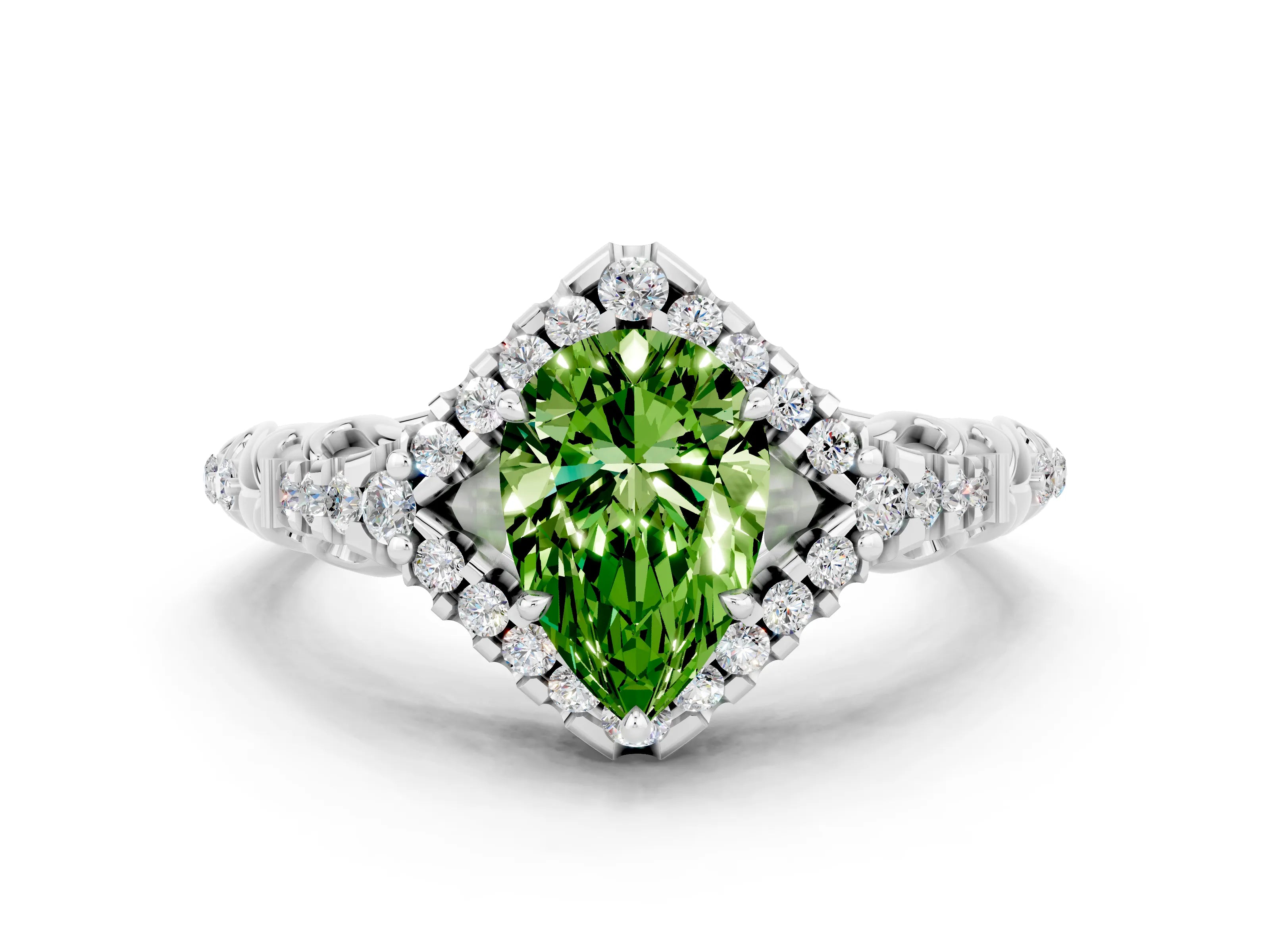 White gold Pear Cut Peridot Solitaire Ring with Hidden Halo and Pavé Band_24