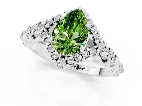 White gold Pear Cut Peridot Solitaire Ring with Hidden Halo and Pavé Band_37