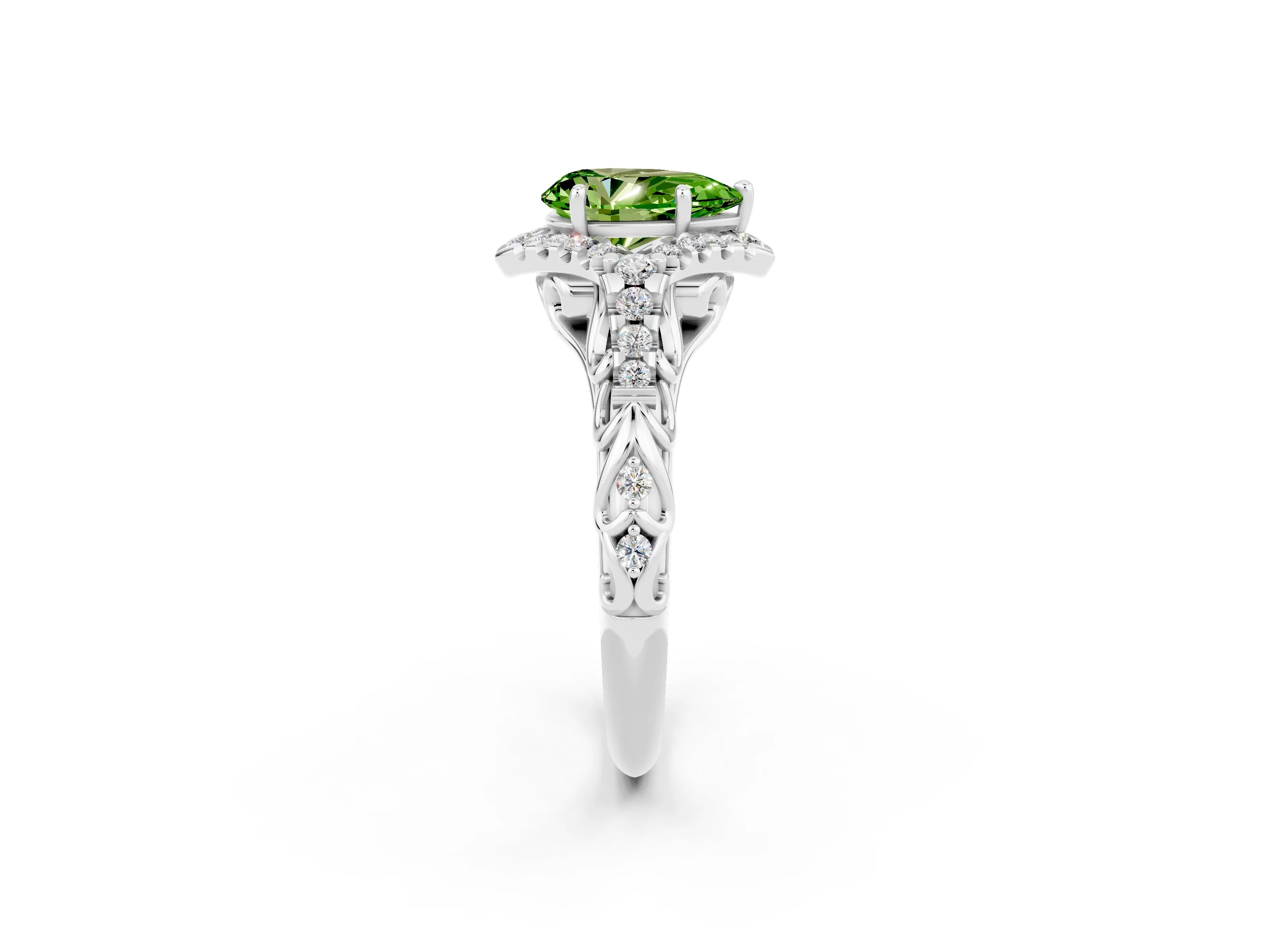 White gold Pear Cut Peridot Solitaire Ring with Hidden Halo and Pavé Band_38