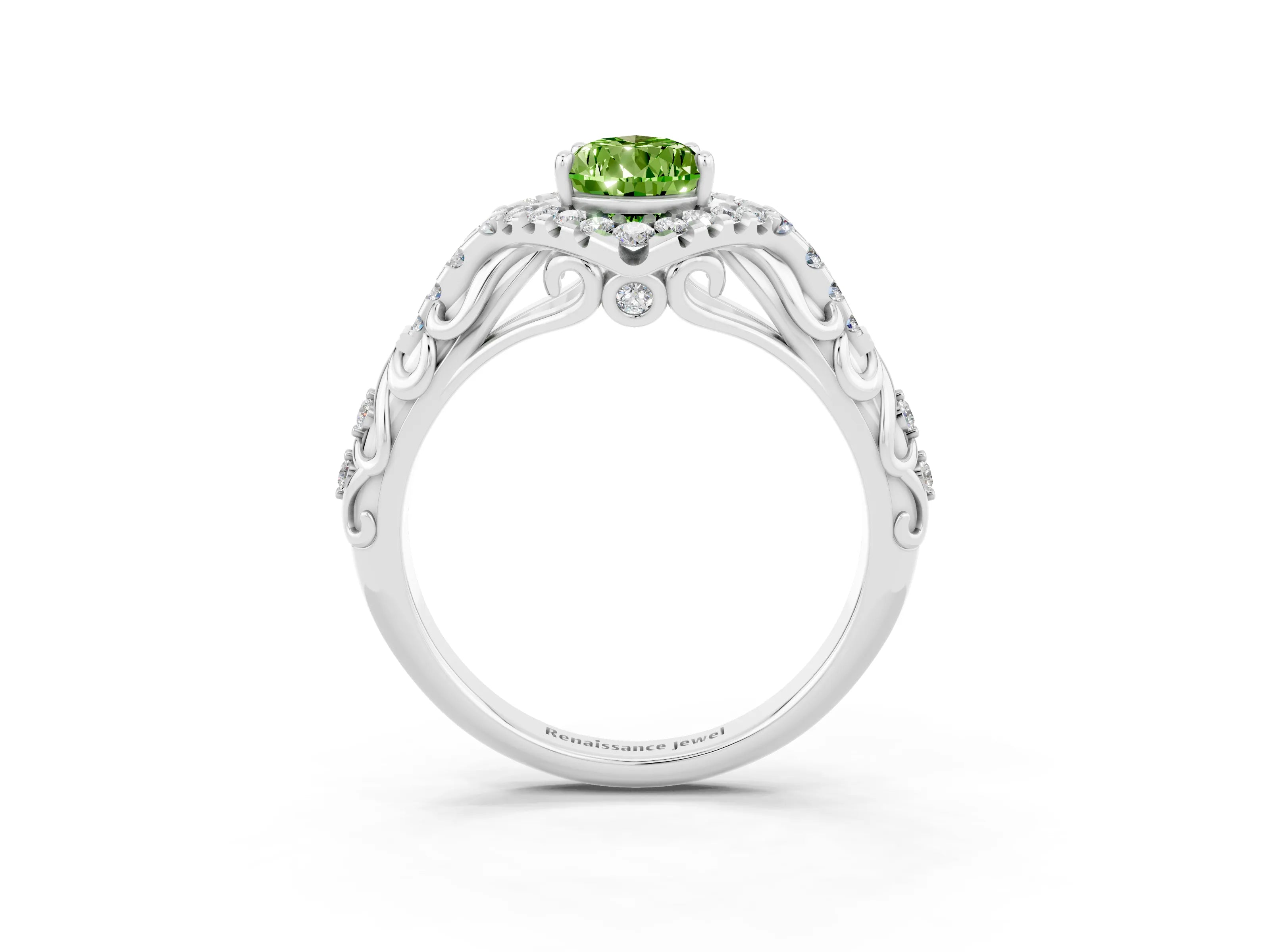 White gold Pear Cut Peridot Solitaire Ring with Hidden Halo and Pavé Band_39