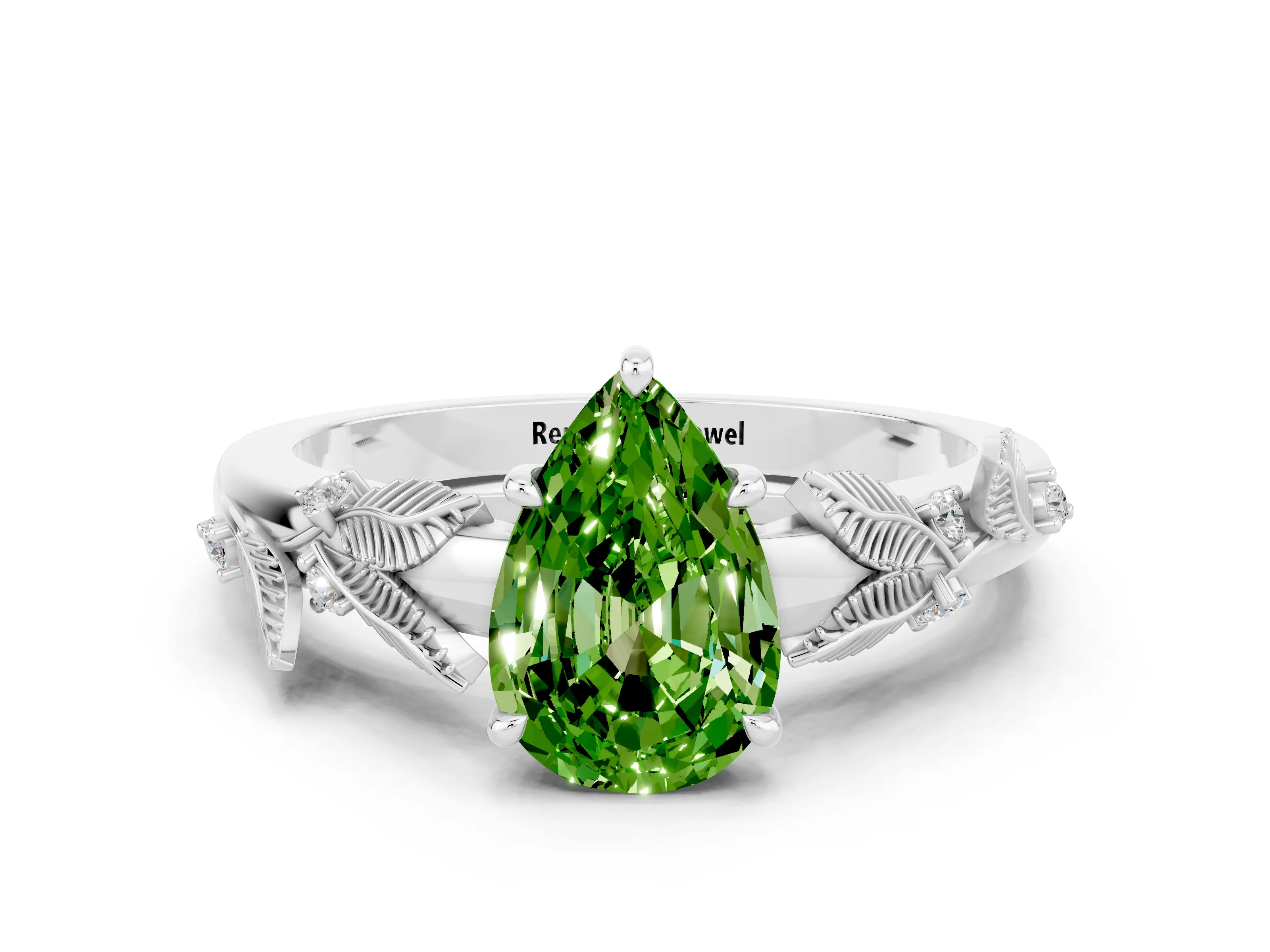 White gold Pear Cut Peridot Solitaire Ring with Leaf Motif Band and Four-Prong Setting