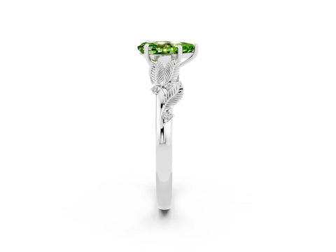 White gold Pear Cut Peridot Solitaire Ring with Leaf Motif Band and Four-Prong Setting_14
